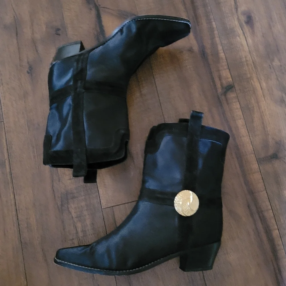 Vintage - Allure Black Nylon and Suede with Gold‎ Button Accent Ankle Boots